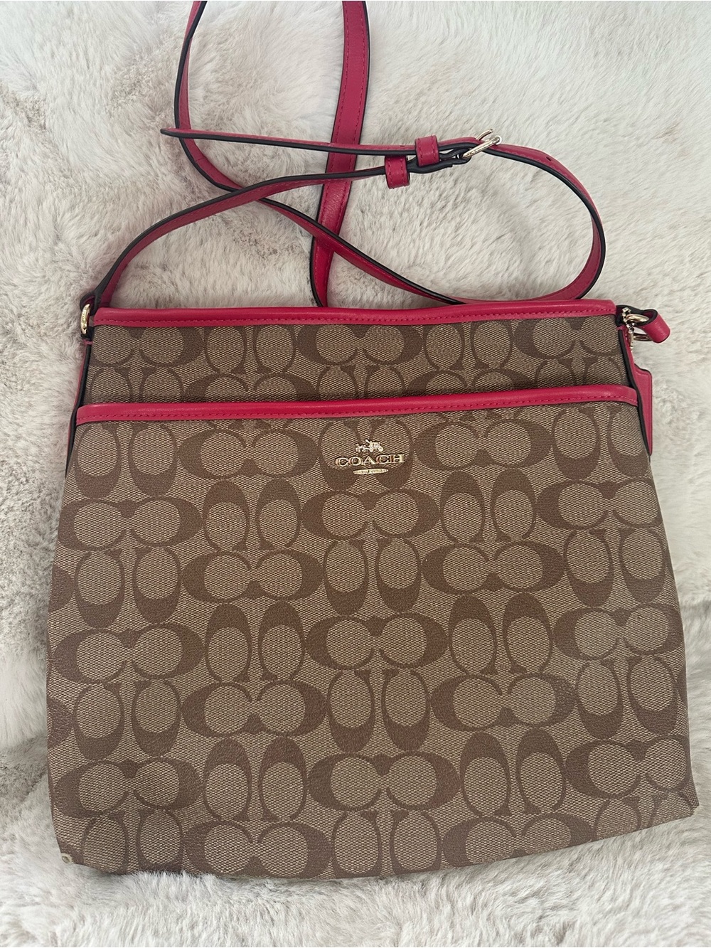 Coach Brown Signature Crossbody with Pink Trim